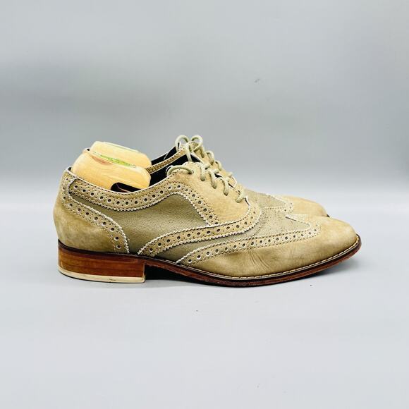 Cole Haan Shoes Mens 9 Beige Green Suede Wingtip Oxford Dress Brogue Rubber Sole